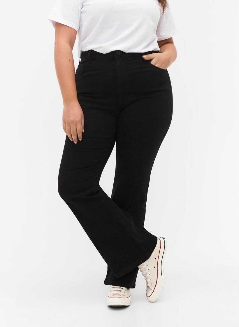 Hoog getailleerde jeans met bootcut, Zwart, Model image number 2