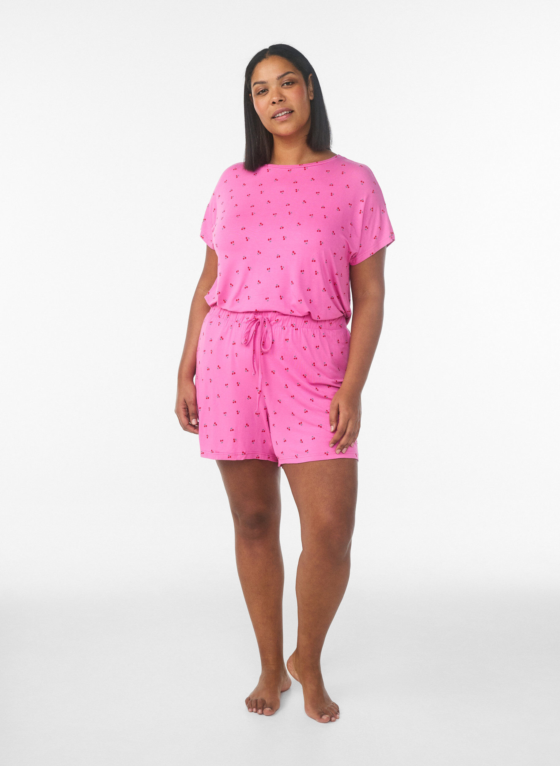 ZizziPyjama T-shirt in viscose met all-over print, Roze, Model image number 1