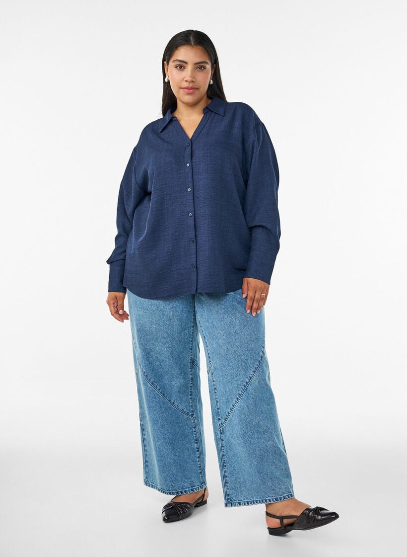 Losse shirt met V-hals, Blauw, Model image number 1
