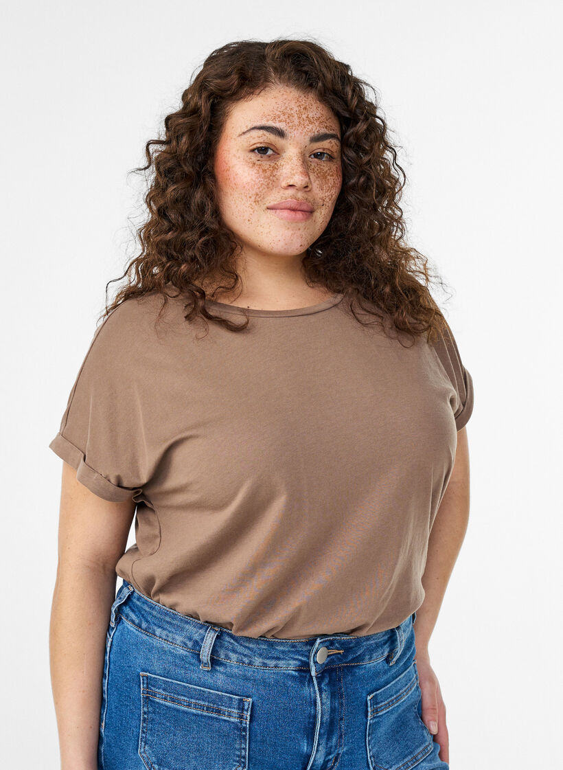 T-shirt met korte mouwen van katoenmix, Bruin, Model image number 0