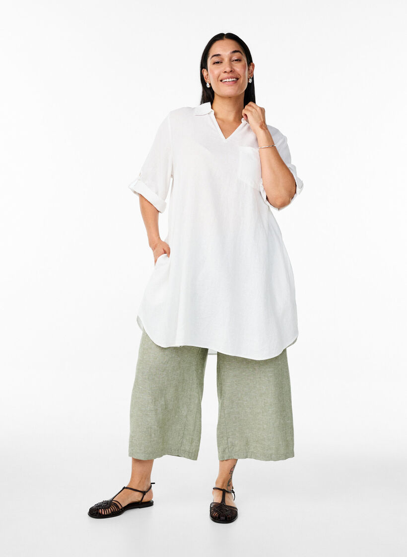 Tuniek van linnen en viscose met A-vorm, Bright White, Model