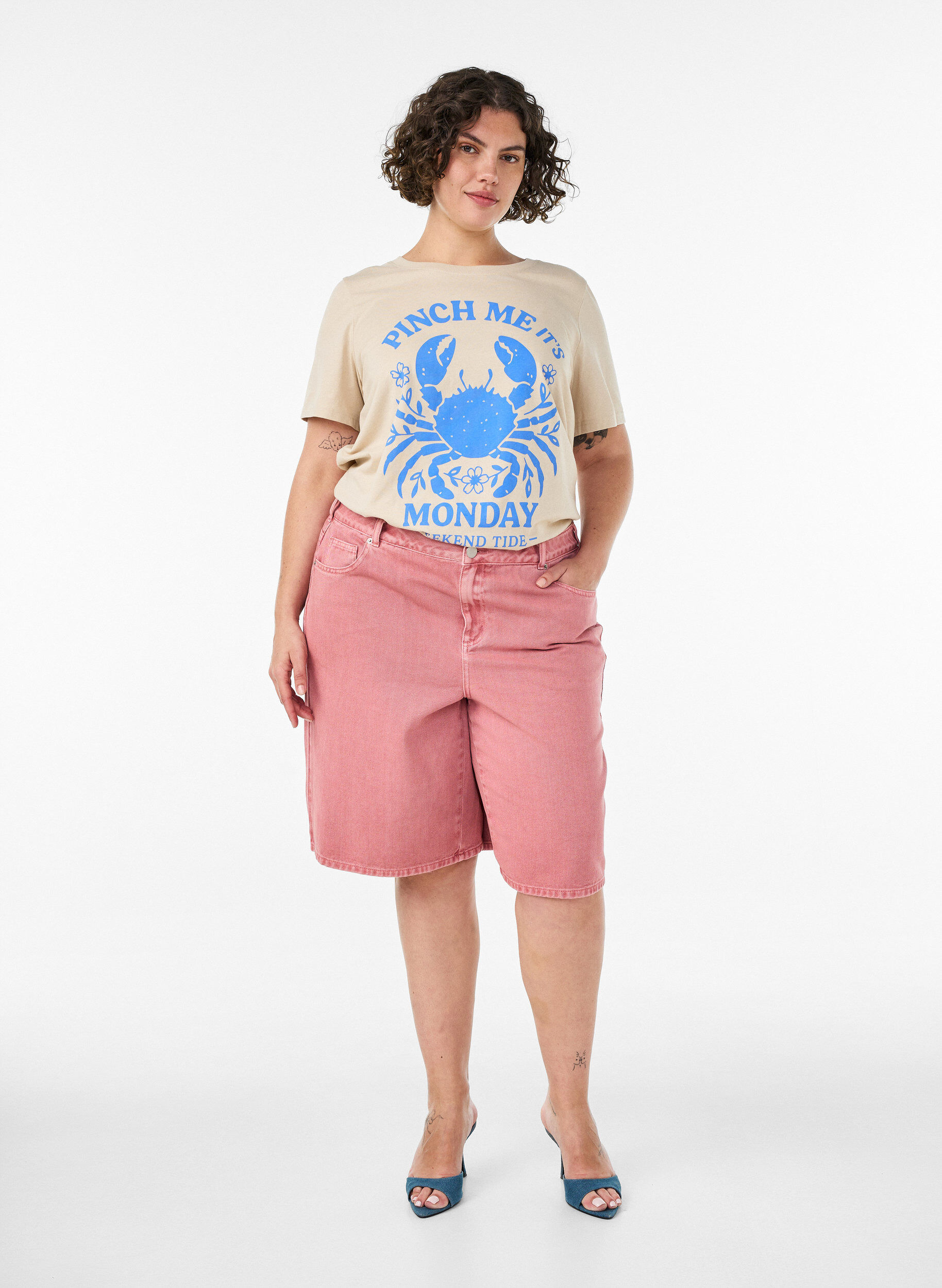ZizziKatoenen T-shirt met print, Beige, Model image number 1