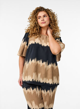 ZizziBlouse met wijde mouwen en grafische print, Zwart, Model image number 0