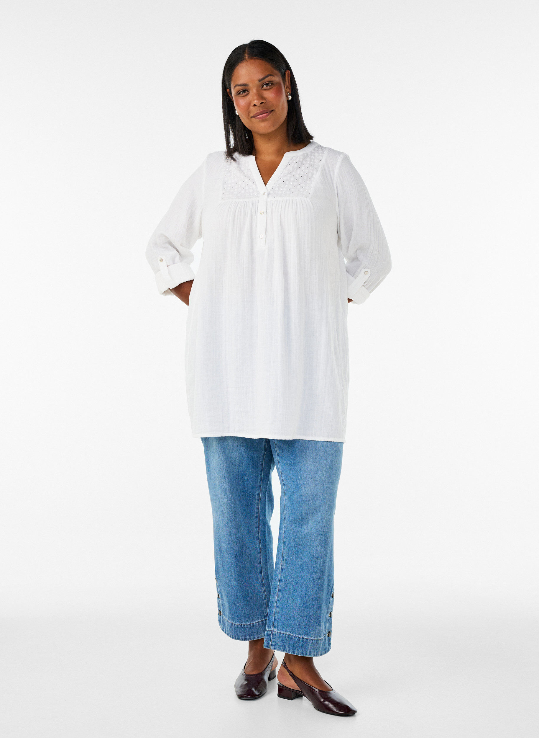 ZizziKatoenen mousseline tuniek met broderie anglaise, Wit, Model image number 1