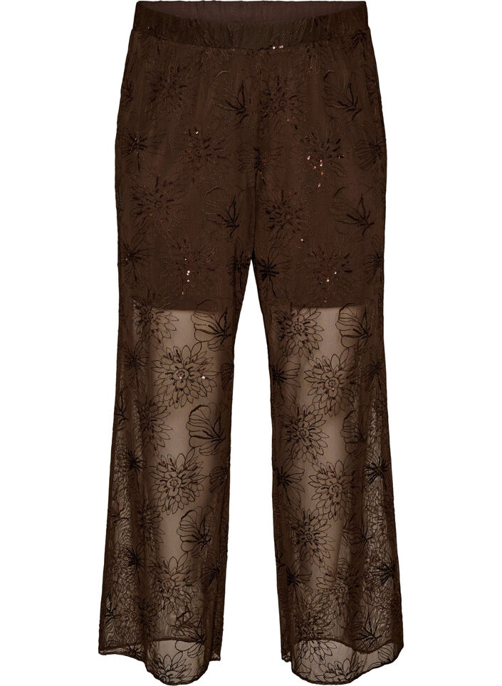 Mesh broek met bloemenborduursels en pailletten, Bruin, Packshot image number 0
