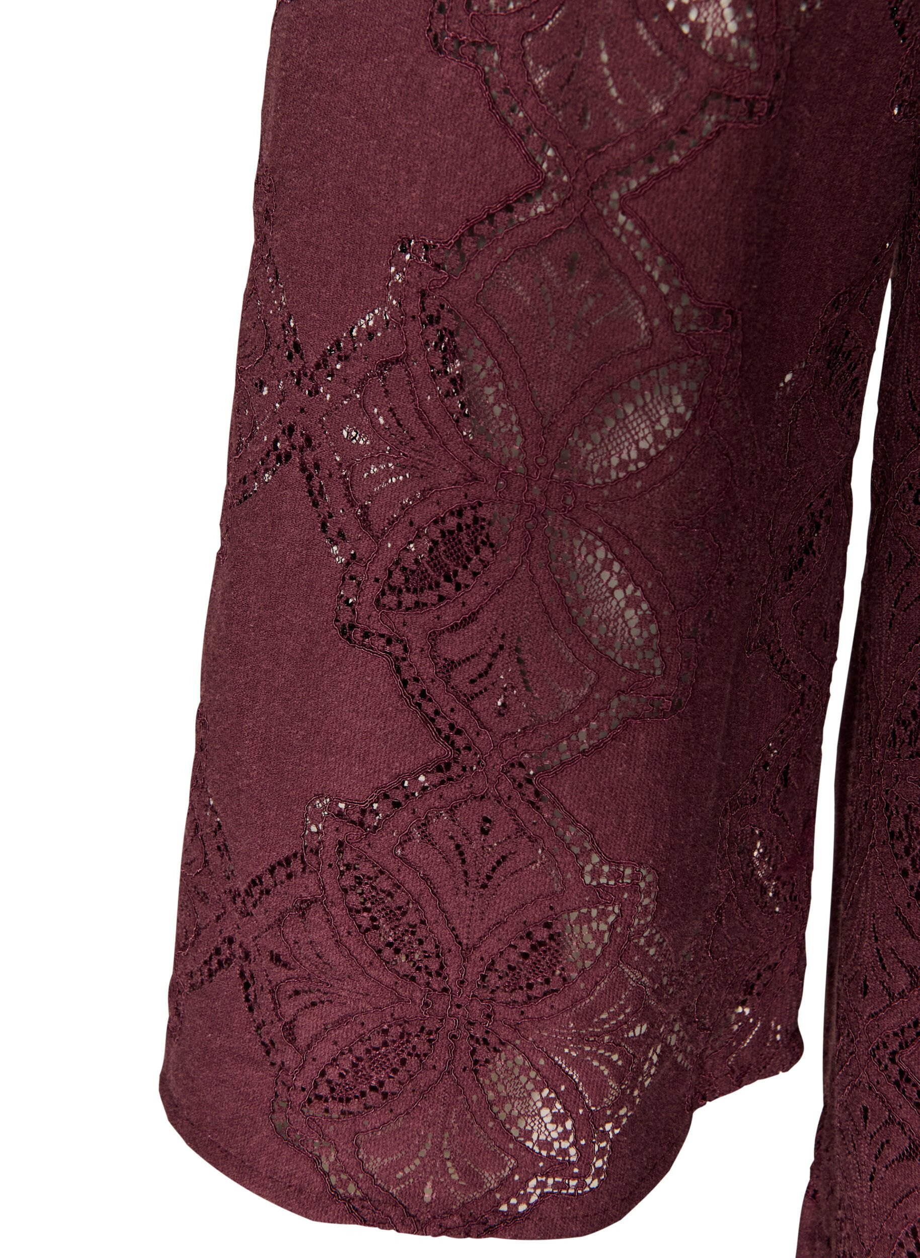 ZizziKanten jurk met lange mouwen en ruchezoom, Donker Bordeaux, Packshot image number 3