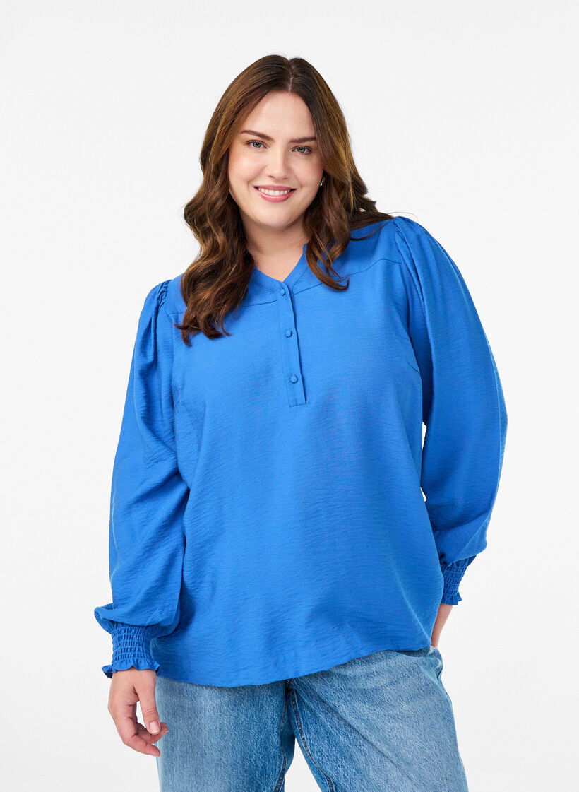 Viscose blouse met smock en geplooide details, Blauw, Model image number 0