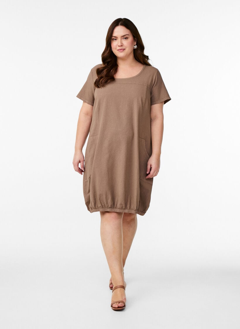 Katoenen jurk met korte mouwen, Bruin, Model image number 1