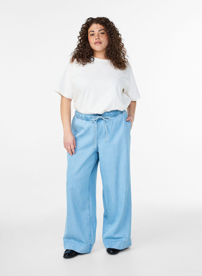 Denim jogger met wijde pijpen en hoge taille, Blauw, Model image number 0