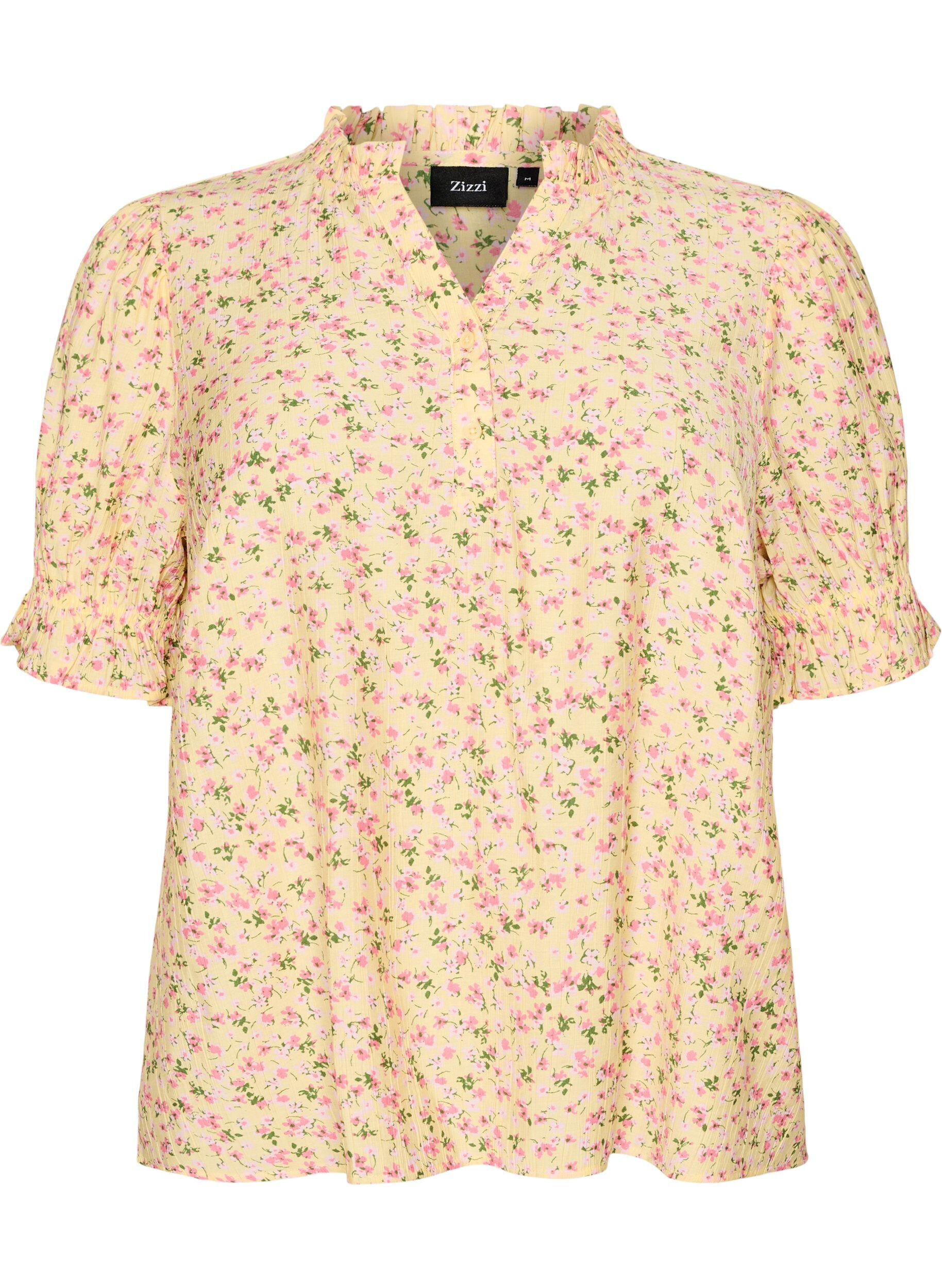 Viscose bloemenblouse met korte mouwen en een rucheskraag