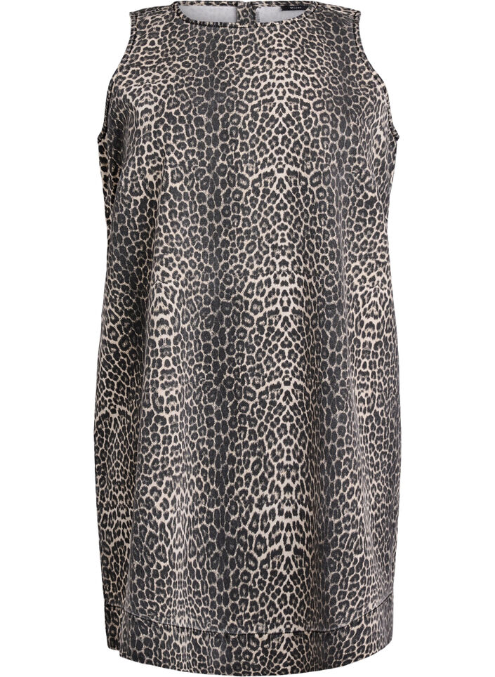 Korte mouwloze denim jurk met luipaardprint, Leopard, Packshot