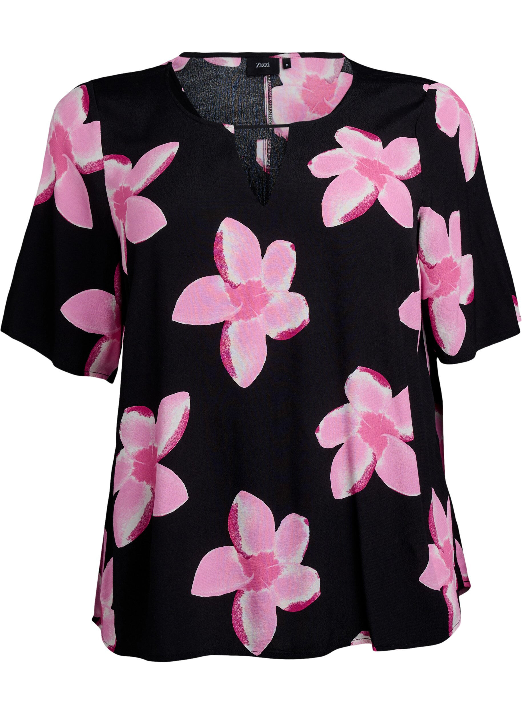 ZizziKorte mouw visrose Blouse met print, Zwart, Packshot image number 0
