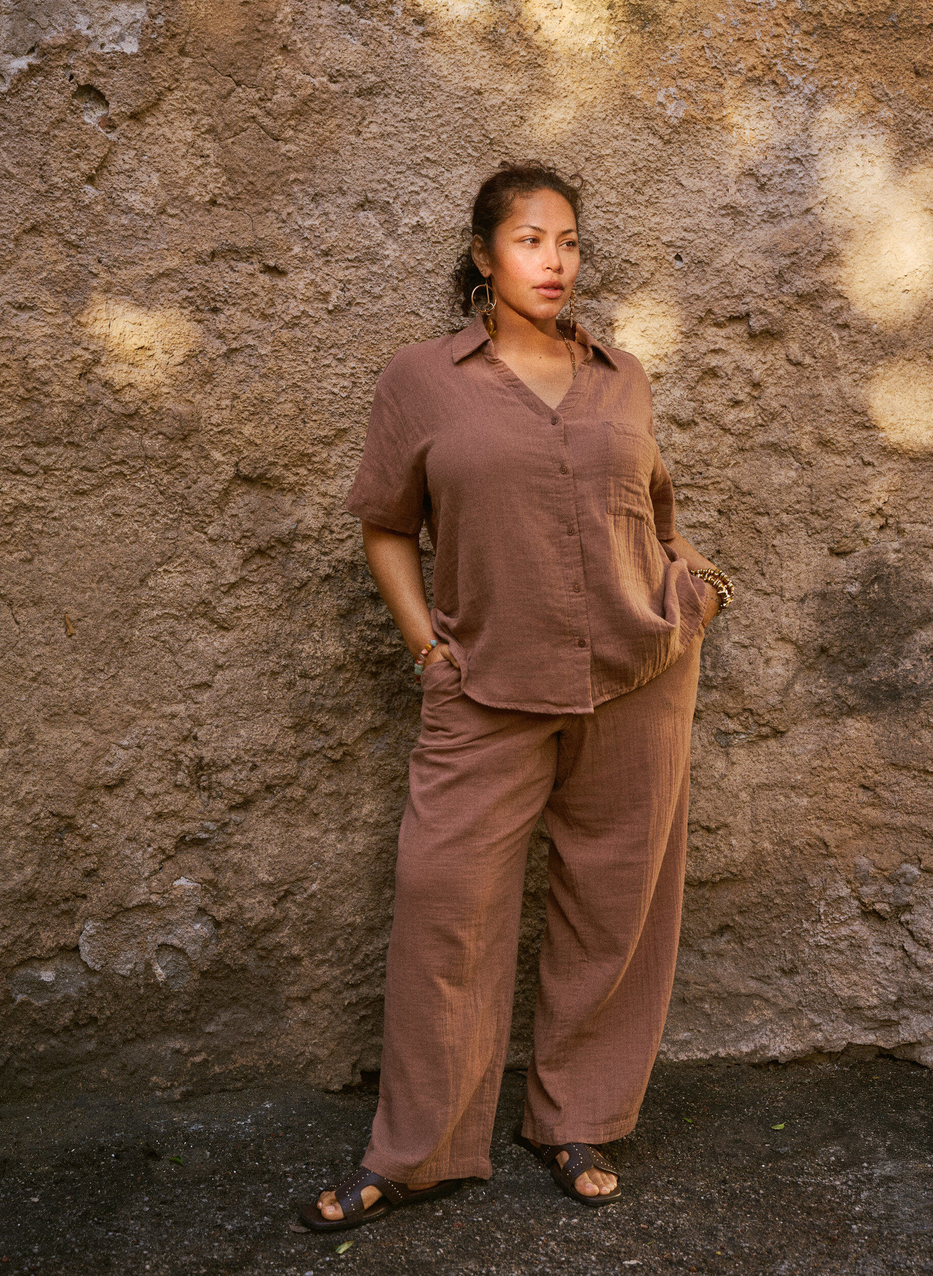 ZizziHigh-waist katoenen mousseline broek met losse pijpen, Bruin, Image image number 0