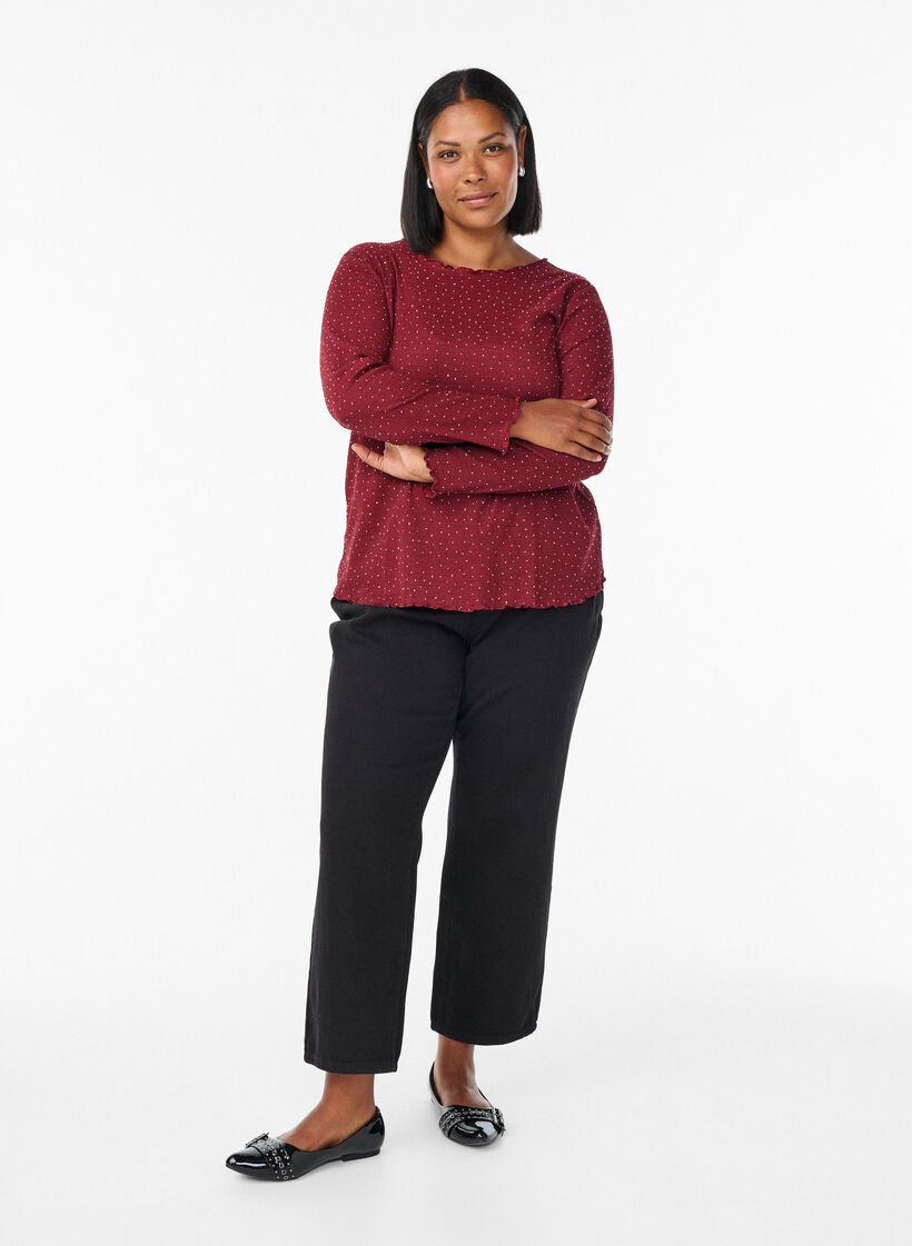 Blouse met lange mouwen en strassstenen, Donker Bordeaux, Model image number 1