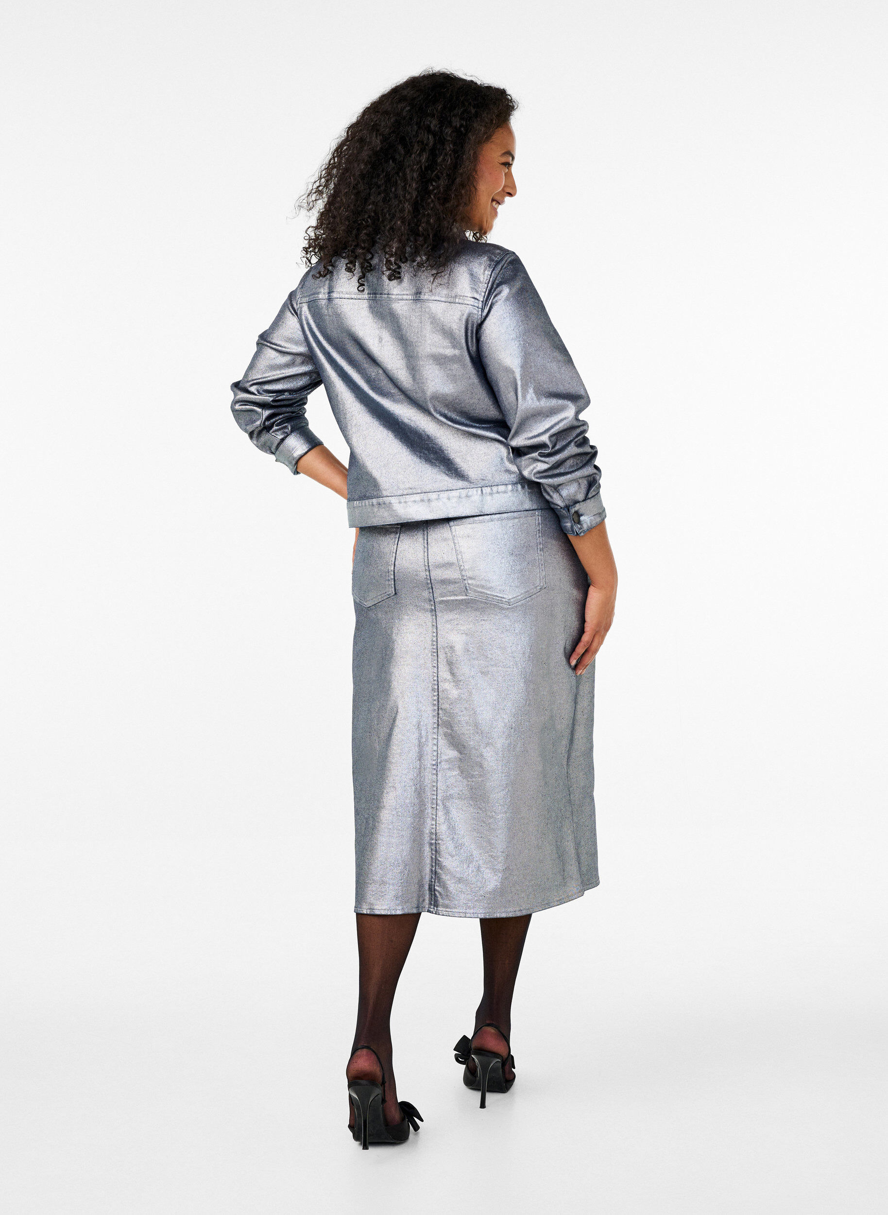 ZizziZilverkleurige midi-rok, Gun Sliver, Model image number 1