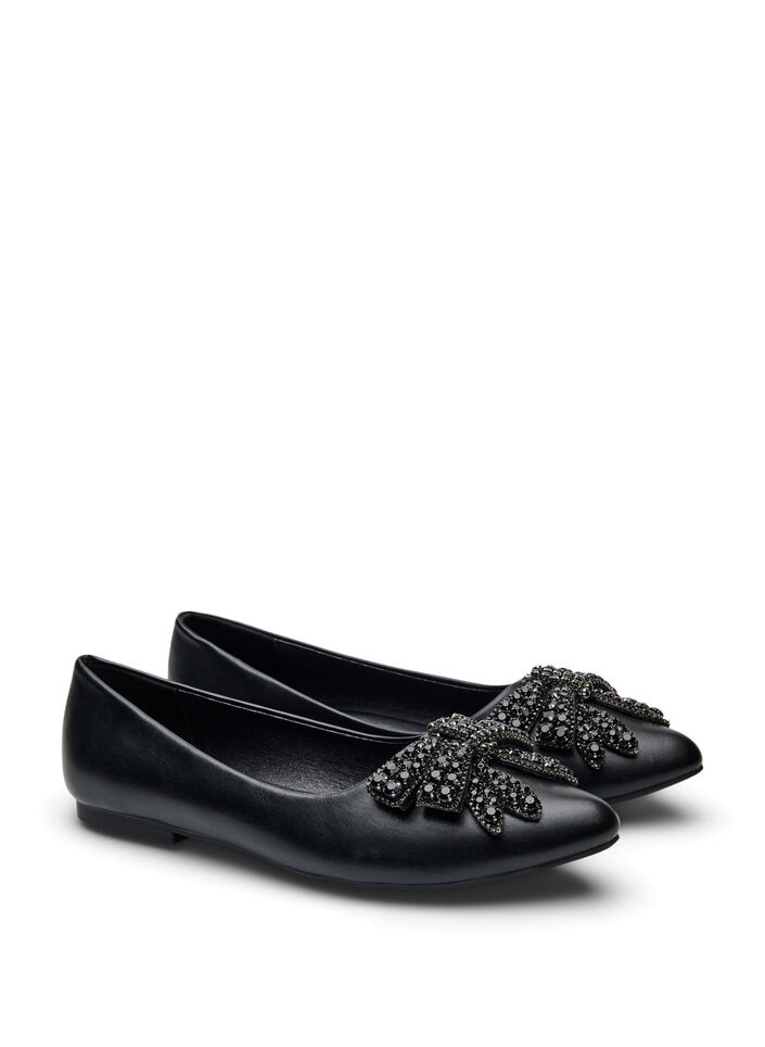 Wide fit - Ballerina met strik en strassteentjes, Black, Packshot