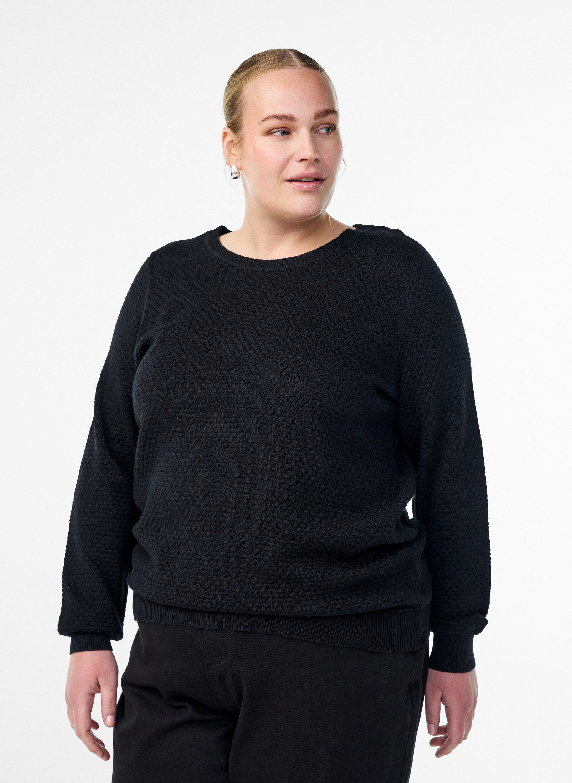 Gebreide blouse van katoen met structuurpatroon, Zwart, Model