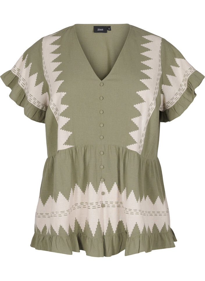 Blouse met korte mouwen, ruches en grafisch patroon, Groen, Packshot image number 0