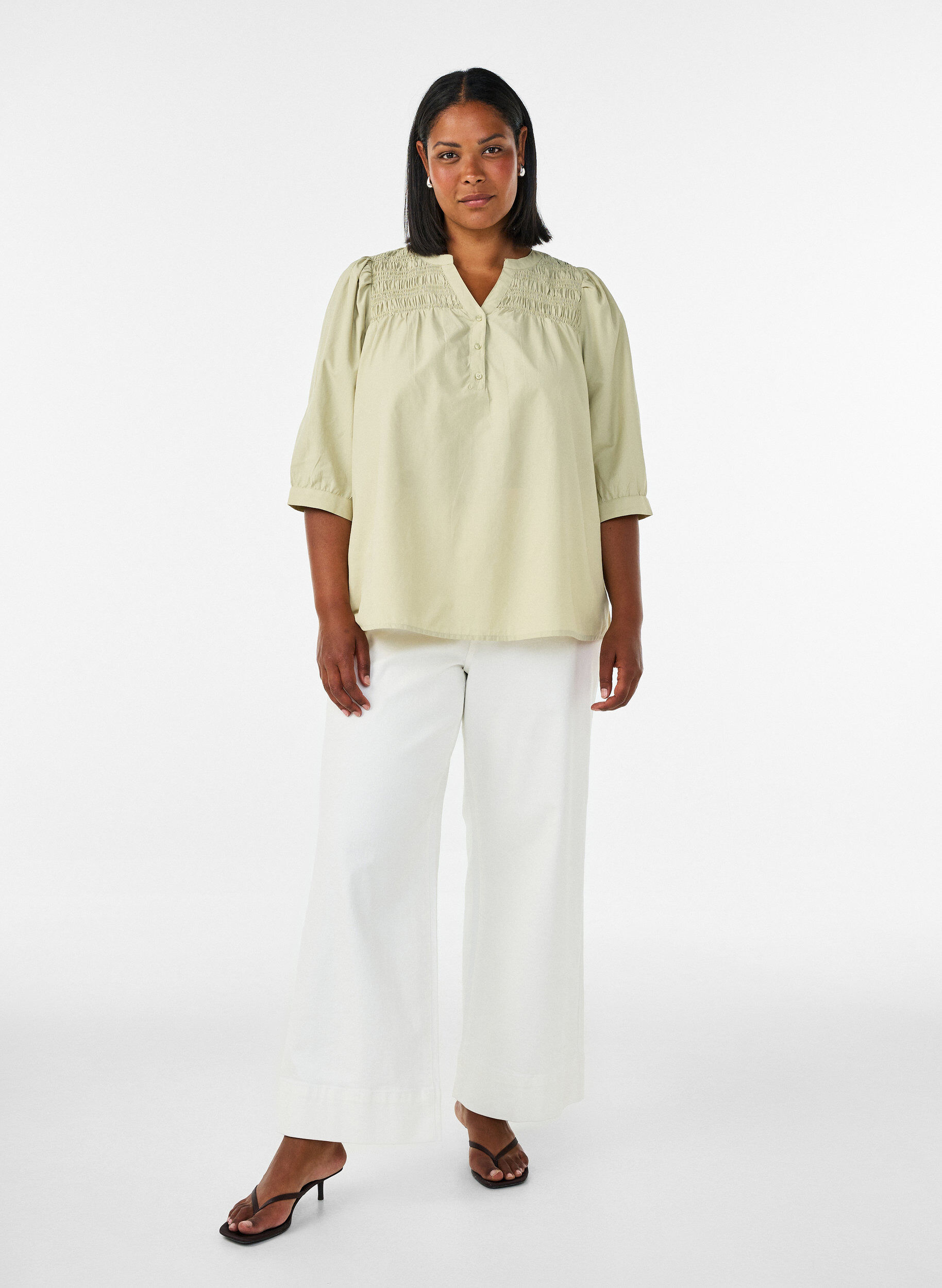 ZizziBlouse met smock en 3/4-mouwen, Groen, Model image number 1