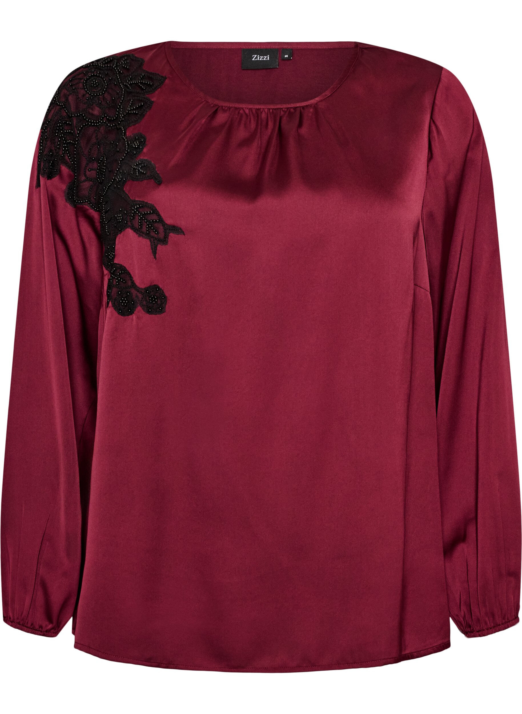 Satijnen blouse met kanten applicatie en parels
