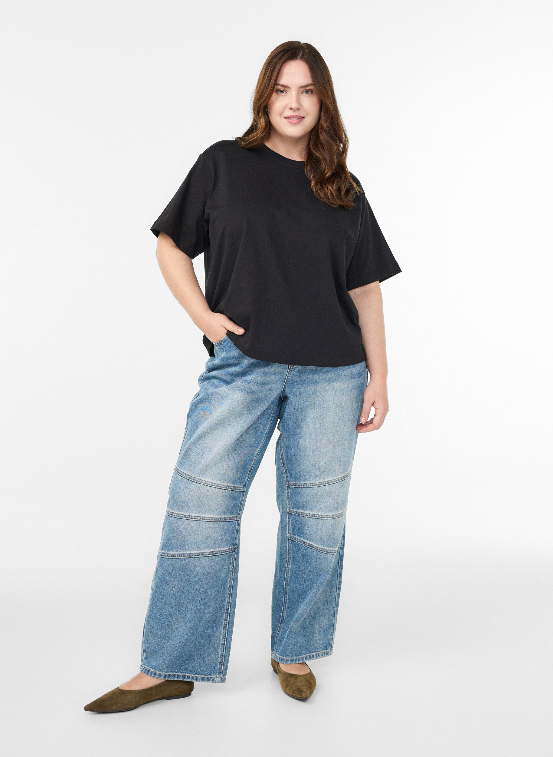 ZizziBoxy katoenen T-shirt, Zwart, Model image number 1