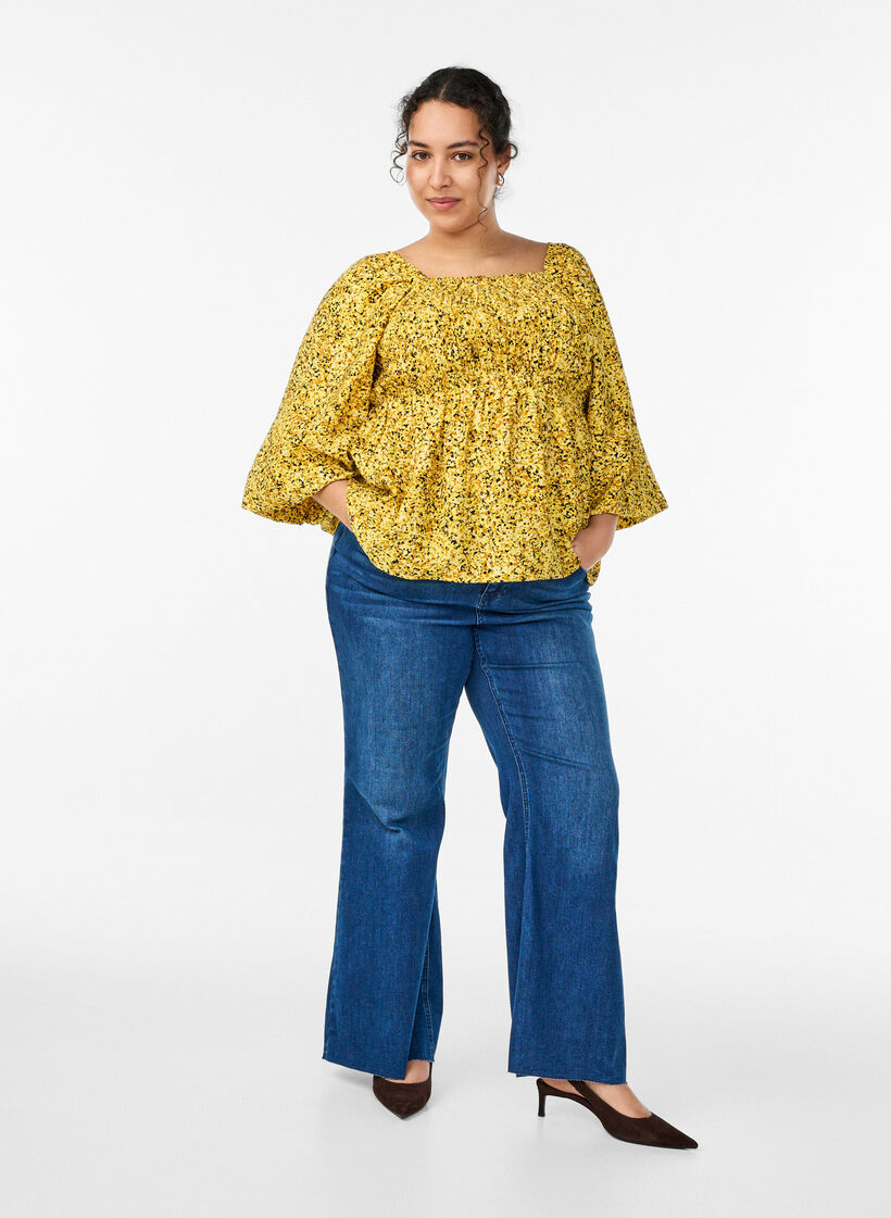Blouse met smock en vierkante halslijn, Geel, Model image number 1