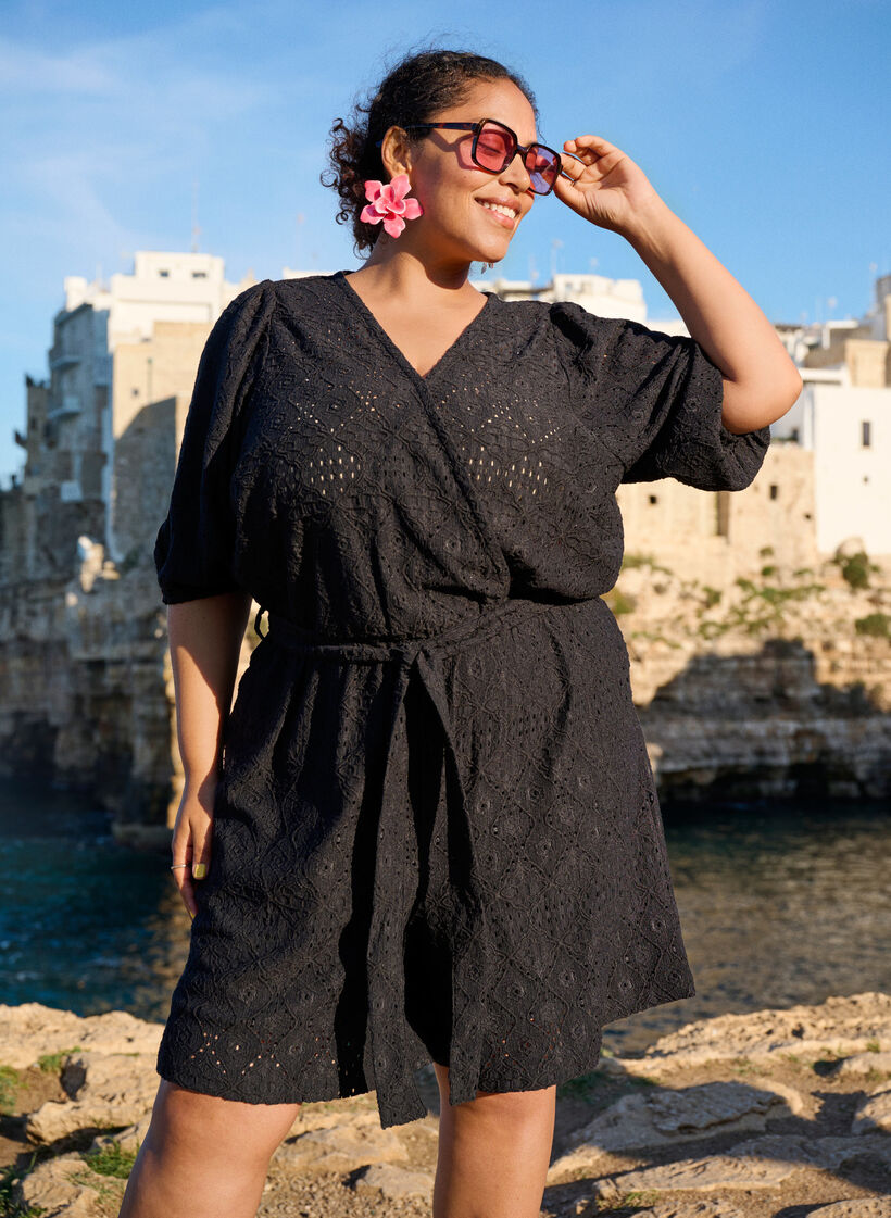 Playsuit met korte mouwen en strik, Black, Image