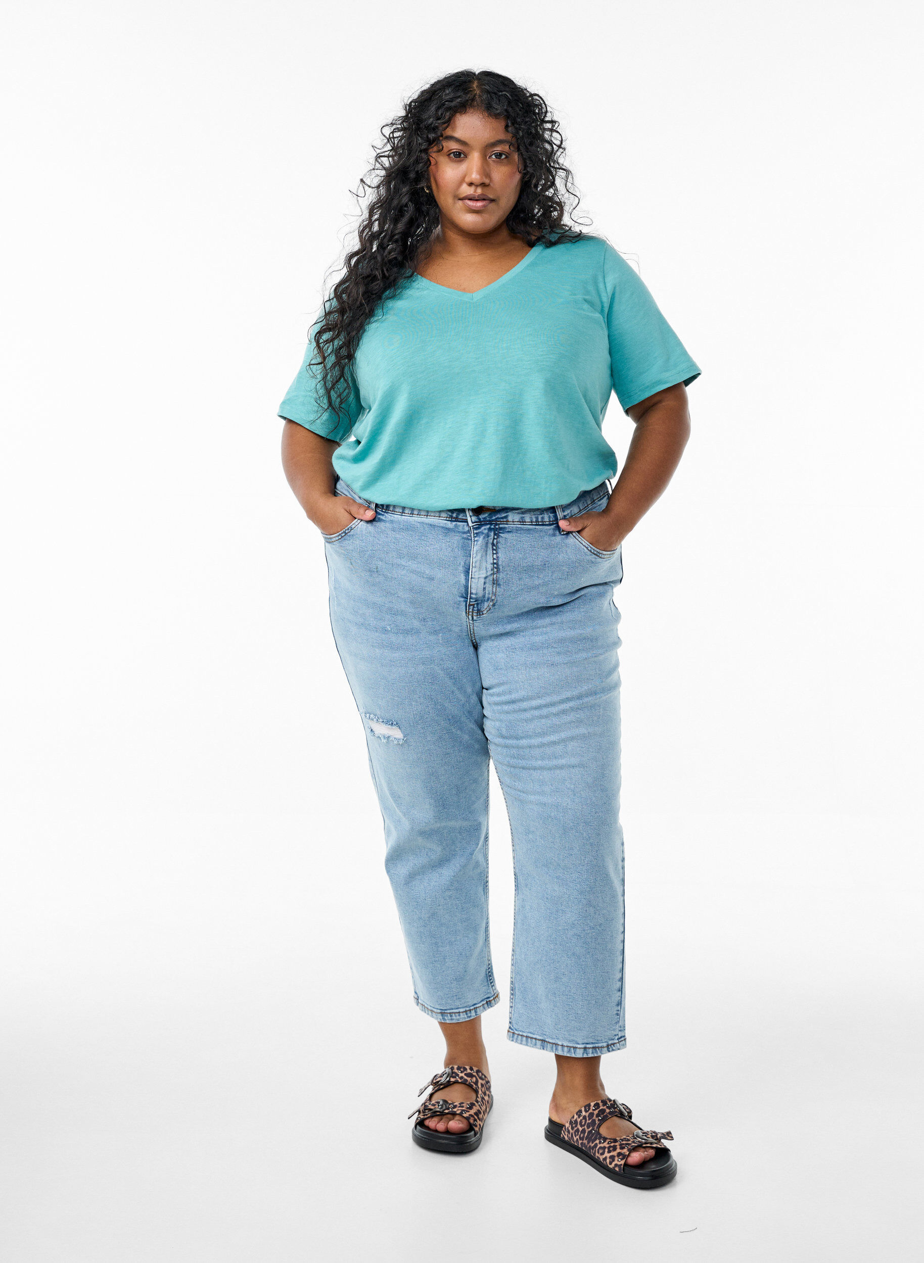 ZizziBasic t-shirt met korte mouwen en v-hals, Blauw, Model image number 1