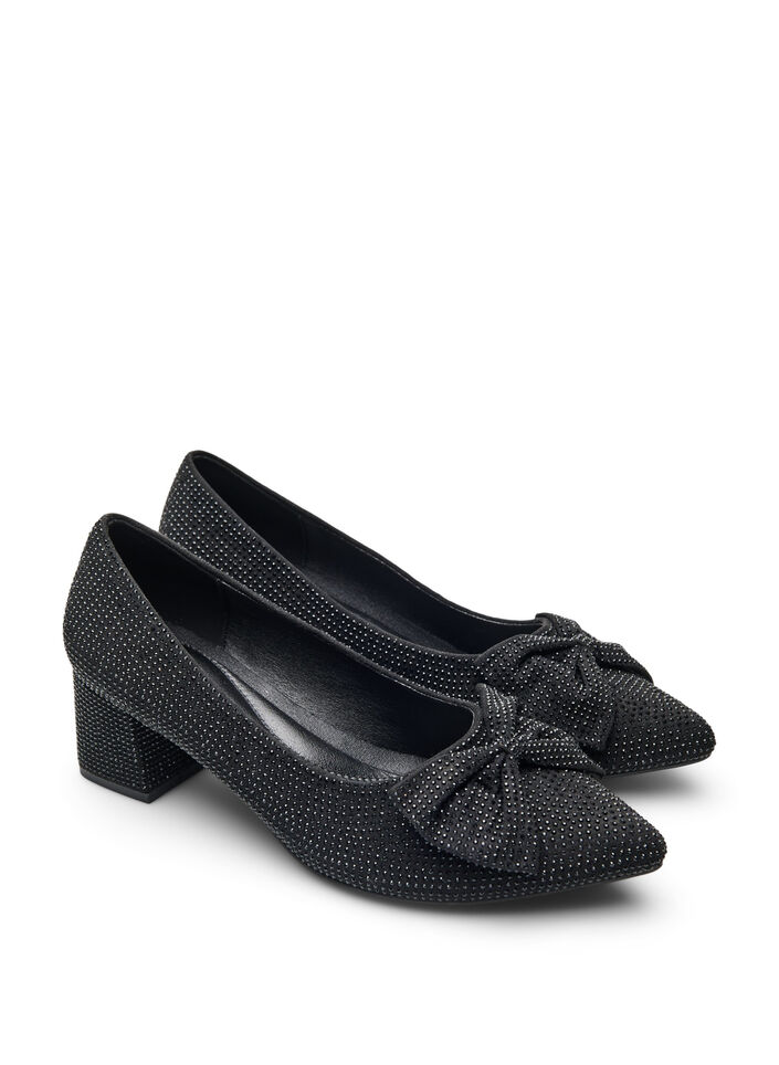 Wide fit - Pumps met strik en strass-steentjes, Black, Packshot