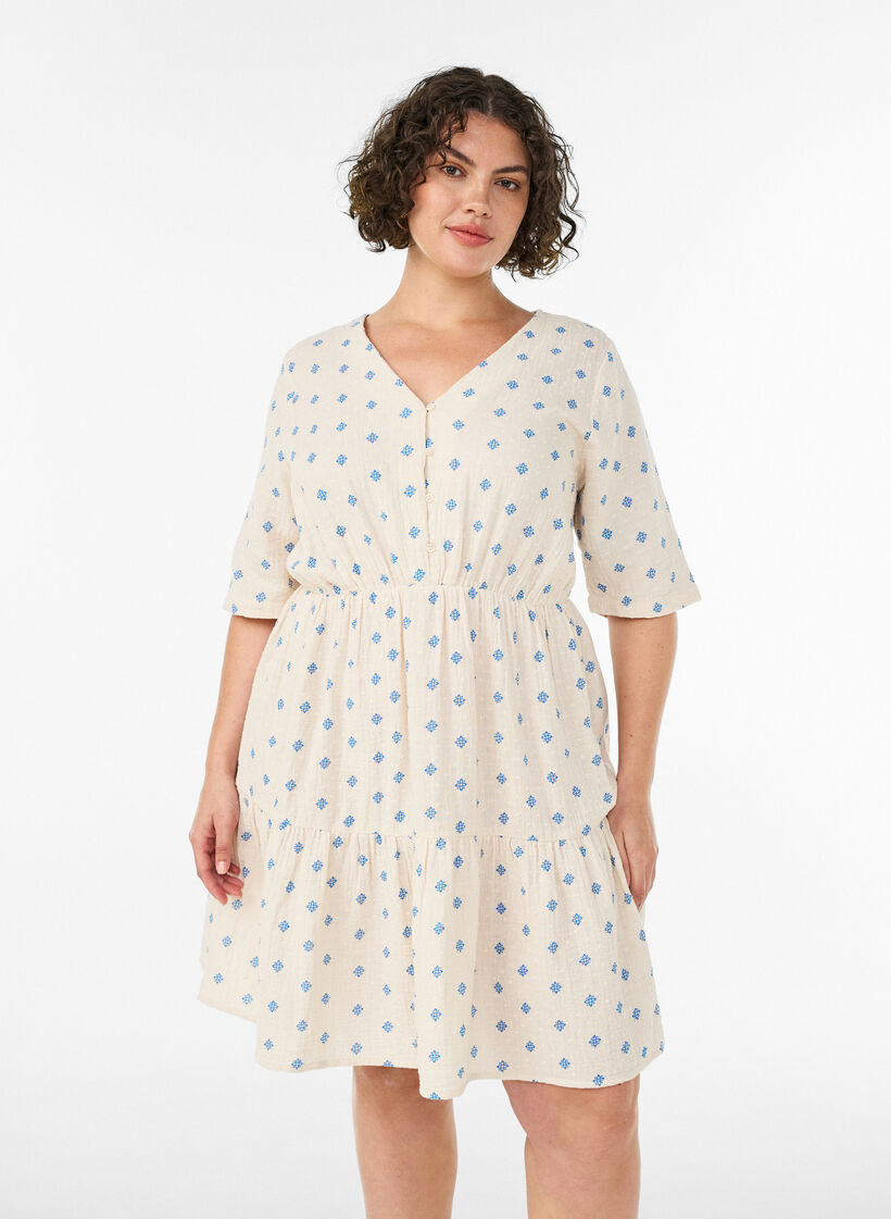 Gebloemde katoenen jurk met een elastische taille, Beige, Model image number 0