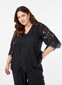 Kanten blouse met V-hals en 1/2 mouwen, Zwart Kanten blouse met V-hals en 1/2 mouwen, Zwart, Model