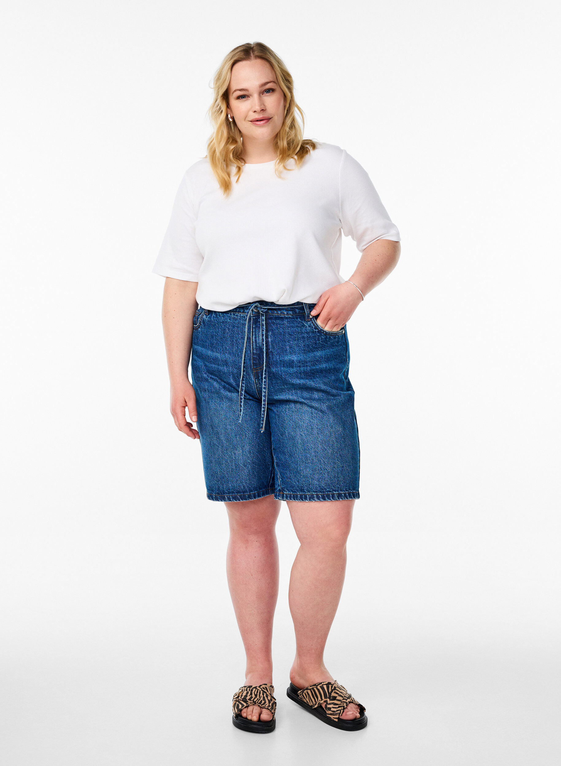 ZizziGeribde jersey blouse met korte mouwen, Wit, Model image number 1