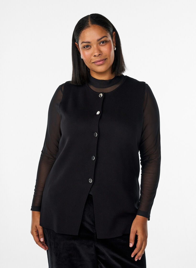 Mouwloze breisel vest met decoratieve knopen, Zwart, Model image number 0