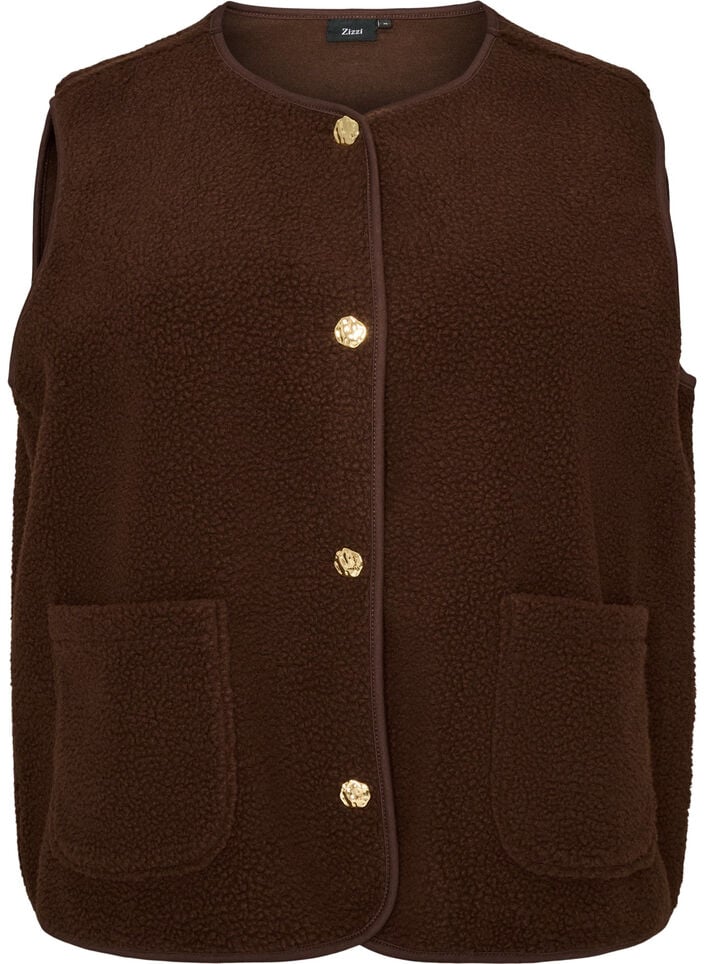 Teddy gilet met knopen en zakken, Bruin, Packshot image number 0