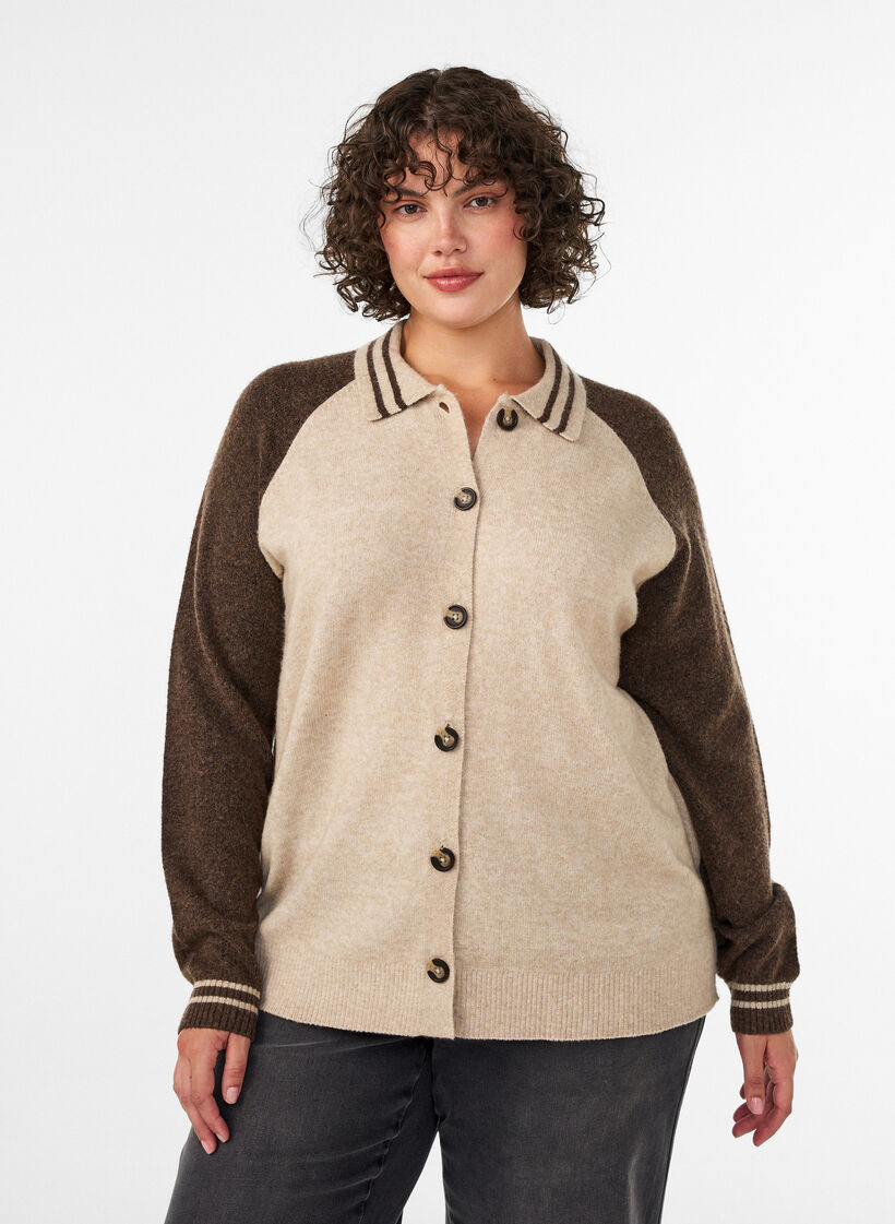 Vest met contrastmouwen en kraag, Beige, Model image number 0