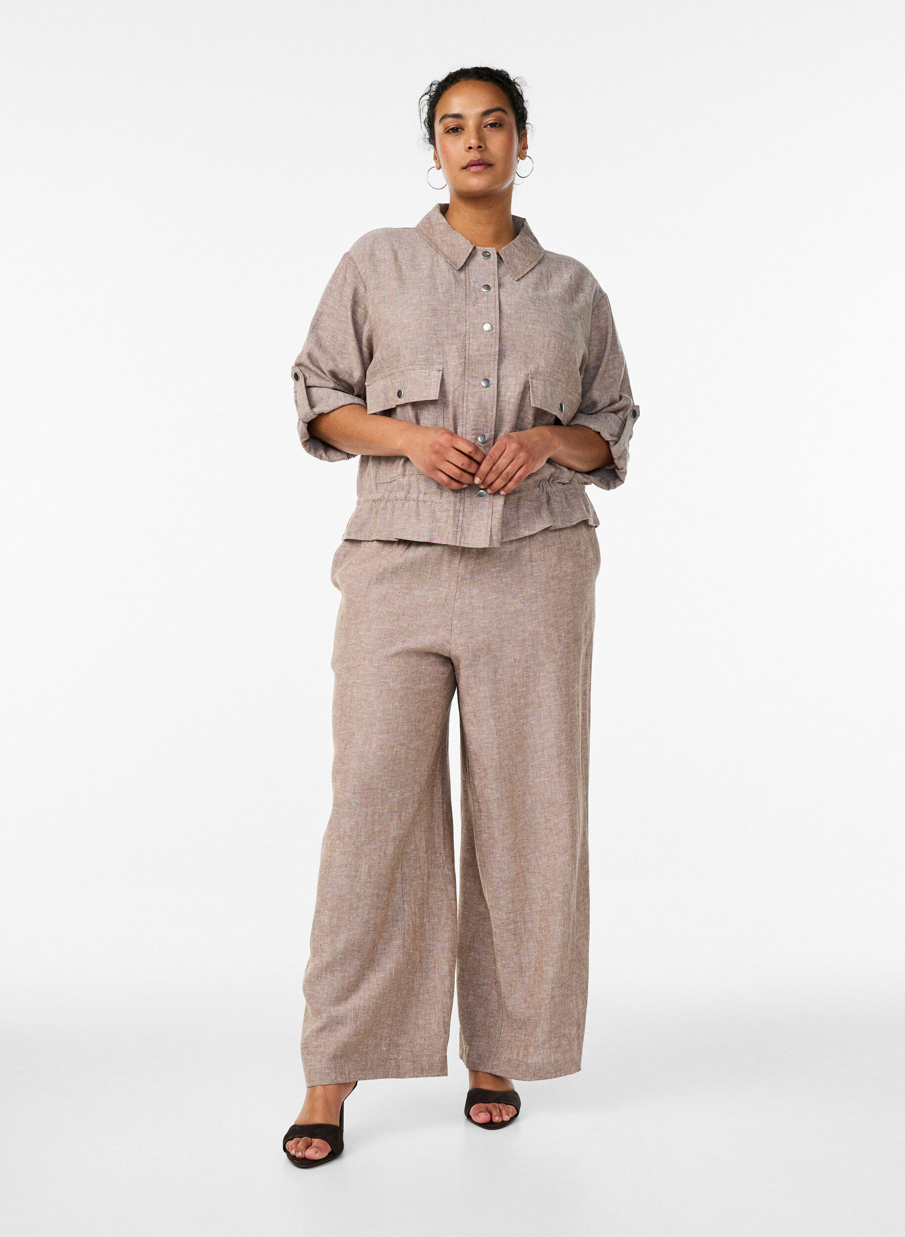ZizziWijde linnen en viscose broek, Bruin, Model image number 0