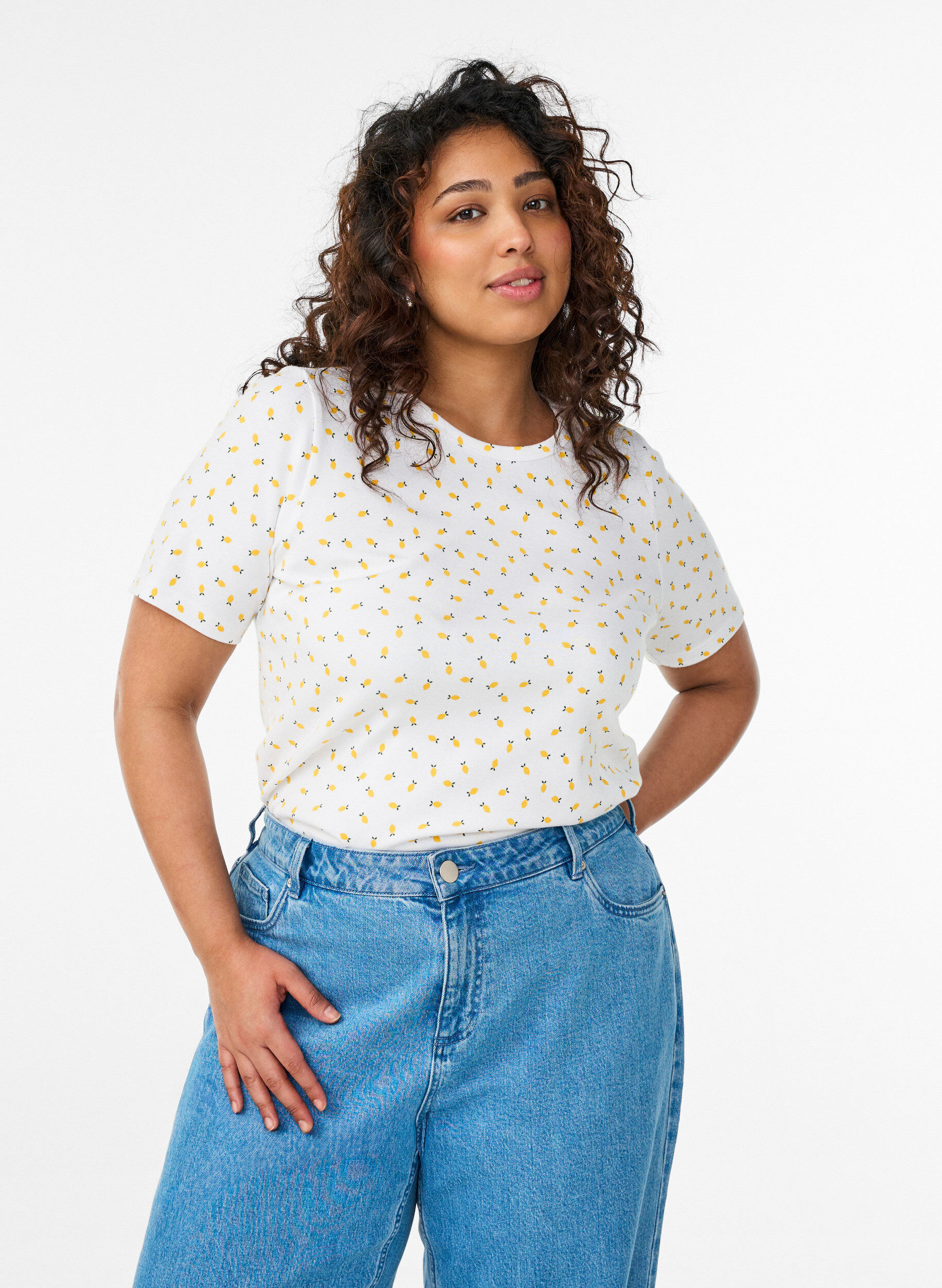 ZizziKatoenen T-shirt met all-over print, Wit, Model image number 0