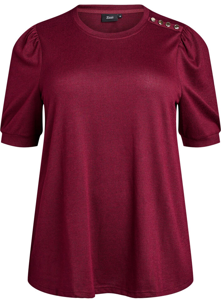 Blouse met knoopdetail en korte pofmouwen, Donker Bordeaux, Packshot image number 0