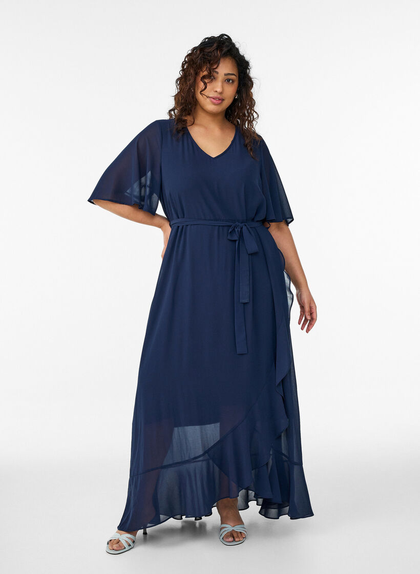 Chiffon maxi-jurk met een V-hals en ruches aan de zoom, Blauw, Model image number 0