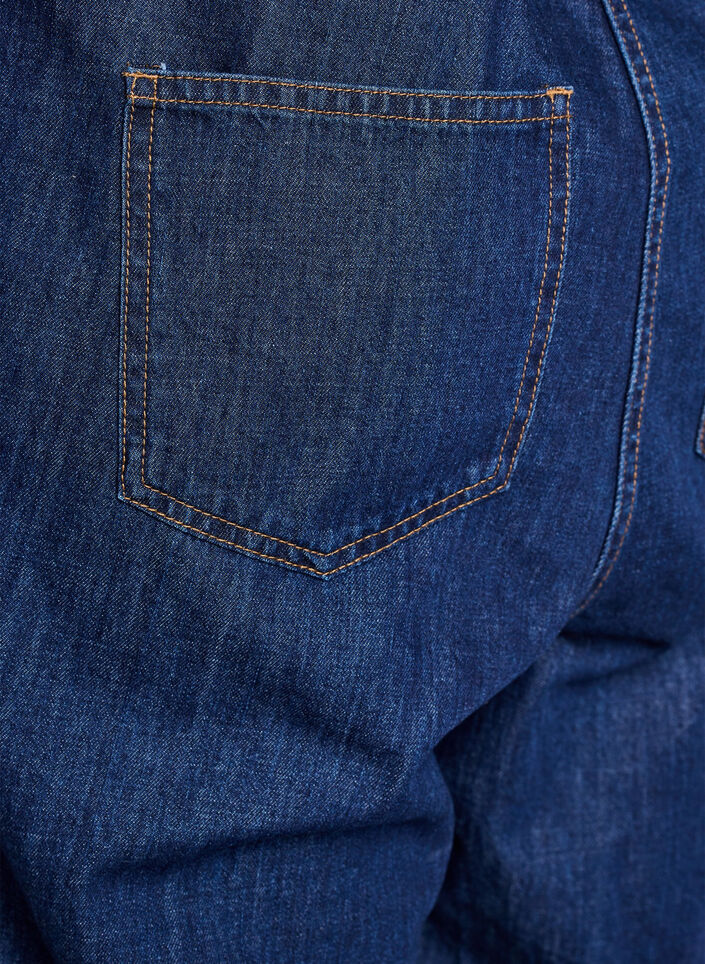 Denim jumpsuit met korte mouwen en een strikceintuur, Blauw, Packshot image number 4