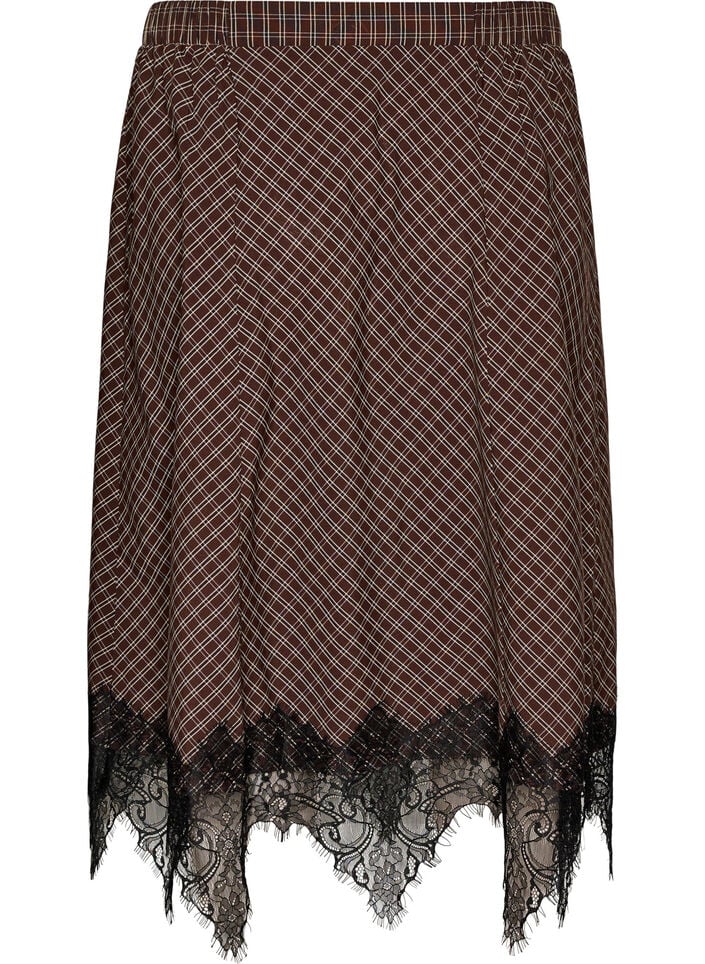 Midi-rok met kanten afwerking en ruitpatroon, Bruin, Packshot image number 1
