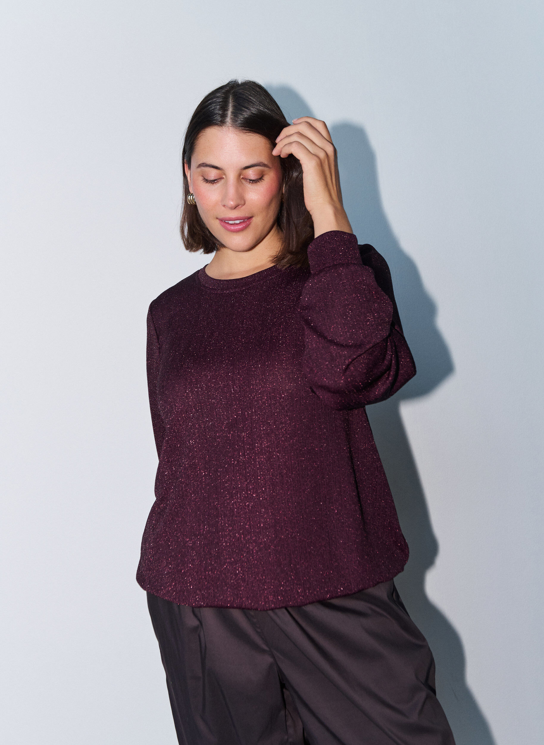 Blouse met verticale structuur en glitterdraad, Rood, Model