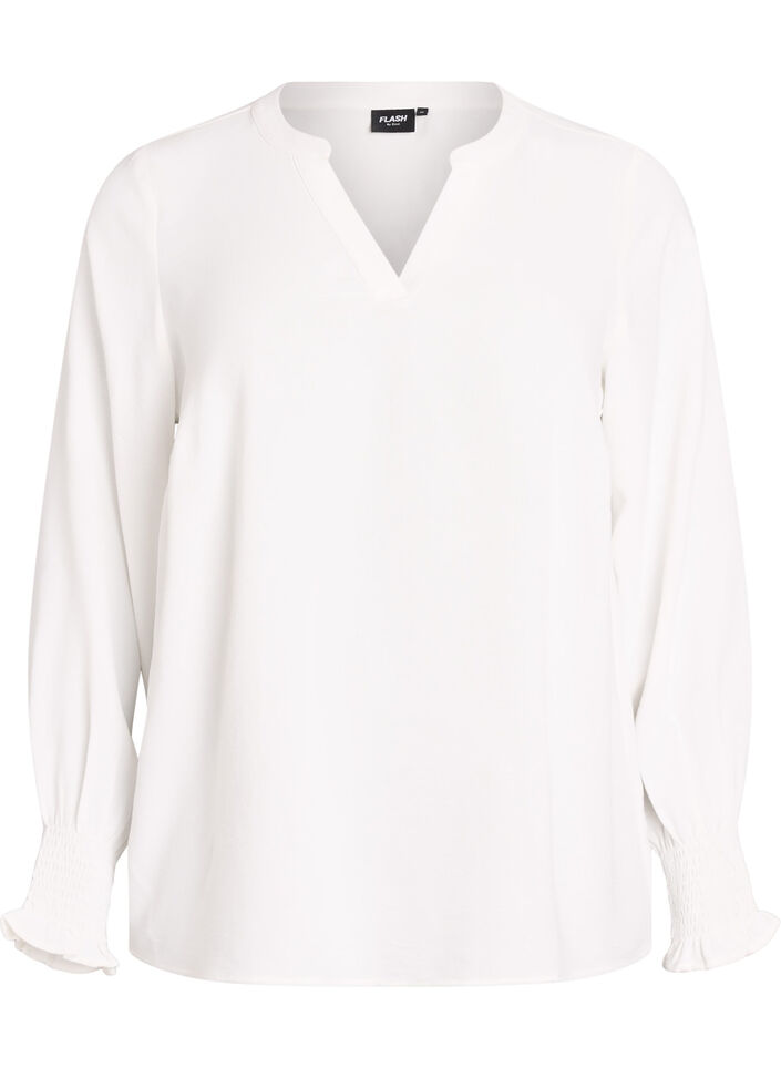 Blouse met smockmanchetten en V-hals, Vanille, Packshot image number 0