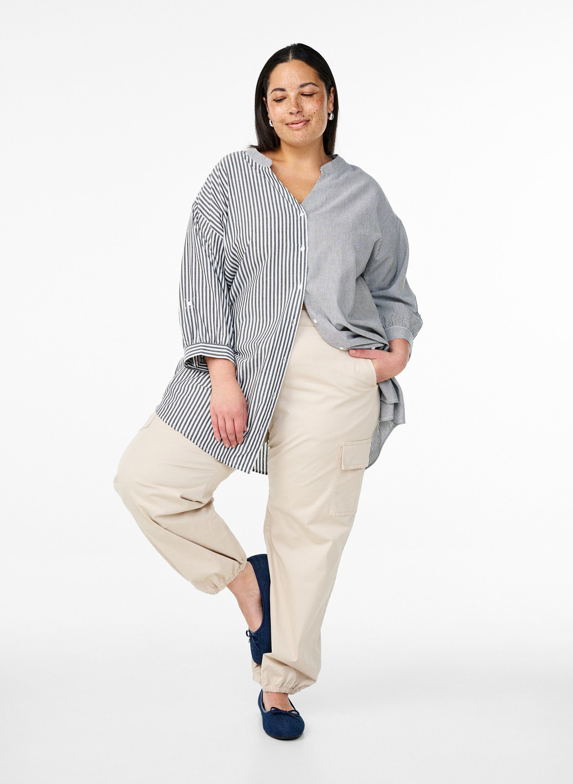 ZizziGestreepte tuniek met 3/4 mouwen, Zwart, Model image number 1