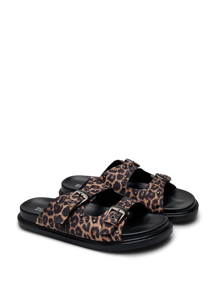 Wide fit - Slip-on sandalen met studs, Leopard AOP, Packshot