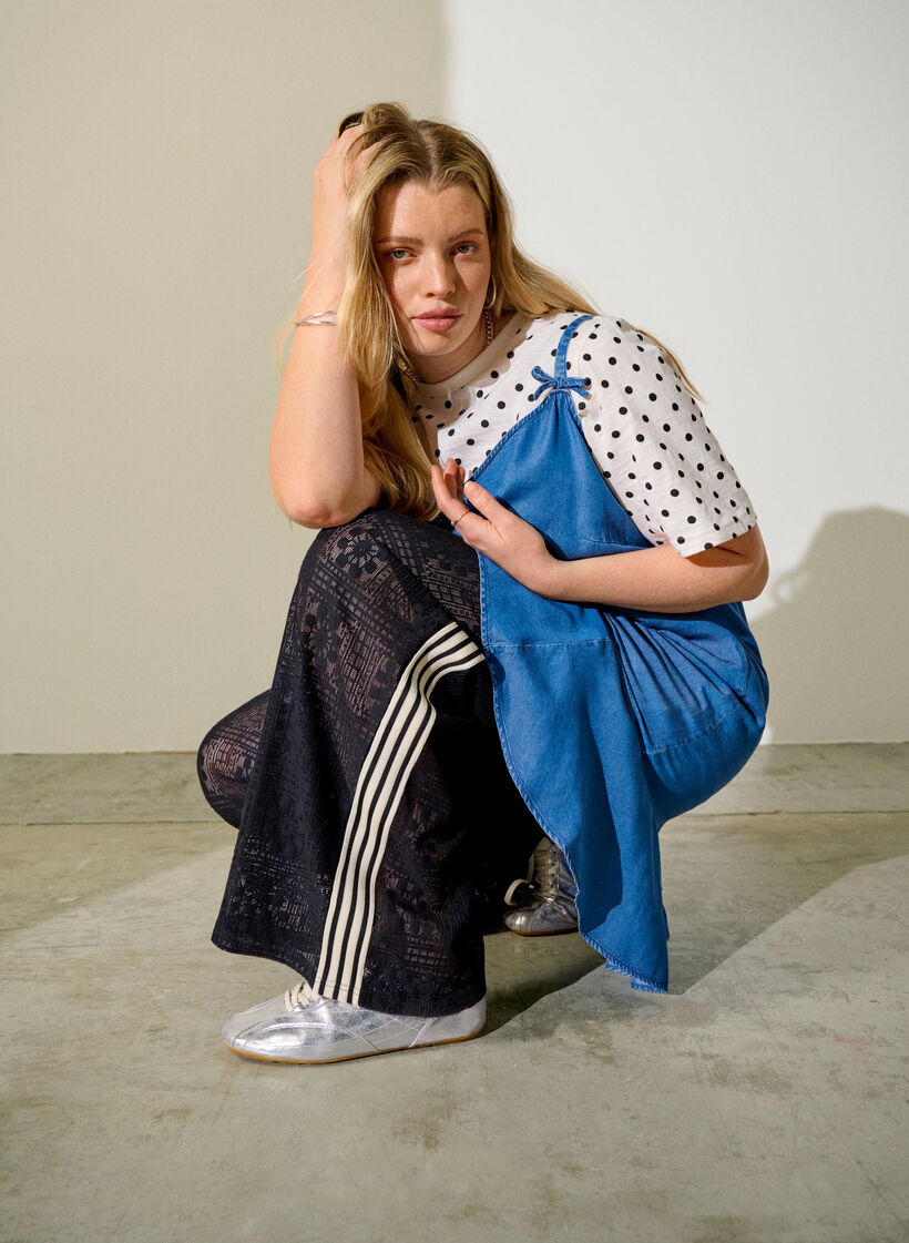 Wijde kanten broek met contrasterende strepen, Zwart, Image image number 0