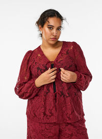 Kanten blouse met open voorkant en strikbandjes, Donker Bordeaux Kanten blouse met open voorkant en strikbandjes, Donker Bordeaux, Model