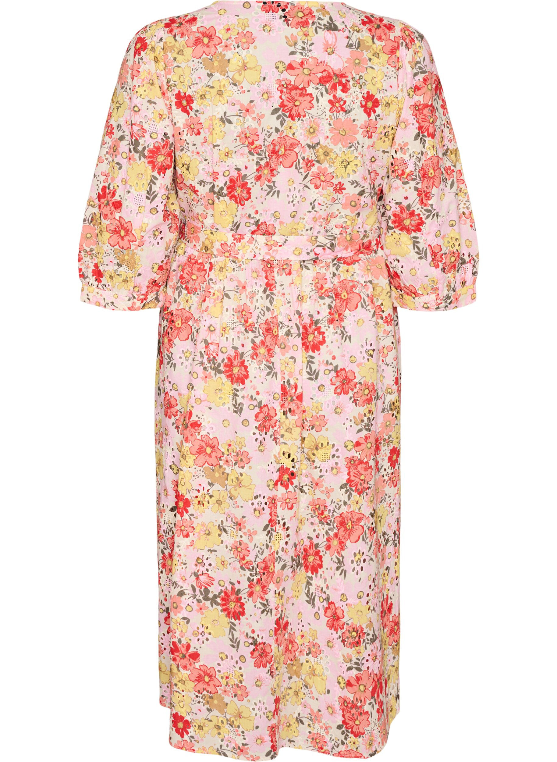 ZizziBloemen midi-jurk met broderie anglaise en een strikriem, Roze, Packshot image number 1