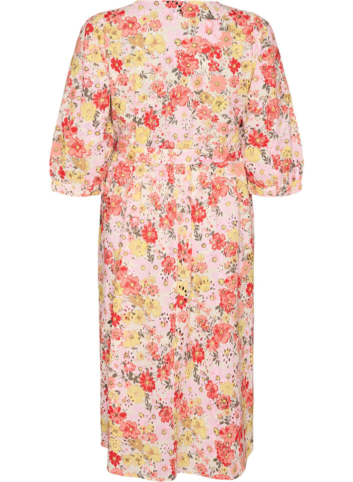 Bloemen midi-jurk met broderie anglaise en een strikriem, Roze, Packshot image number 1
