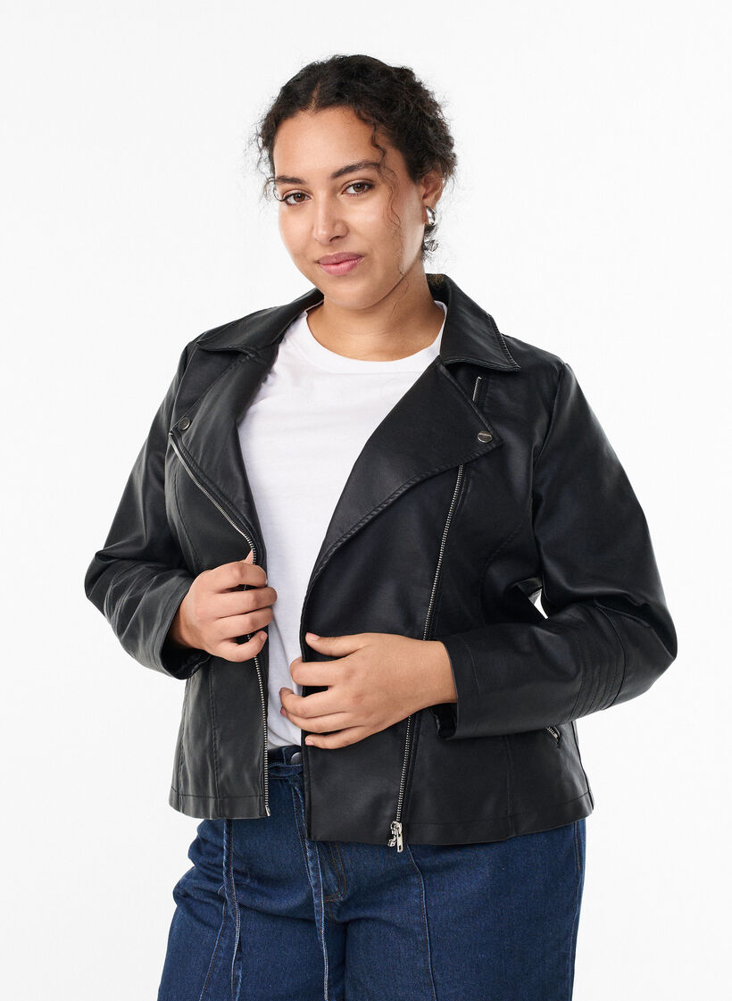 Imitatie leren bikerjas, Zwart, Model image number 0